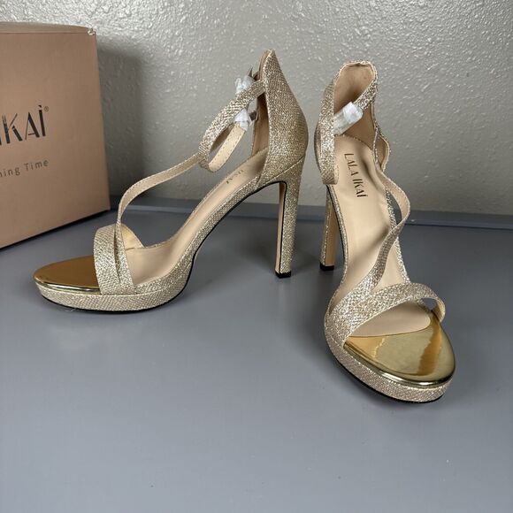 New Strappy Glitter Platform Ankle Strap High Heel Sandals Sparkly Gold Size 8.5 - Picture 2 of 12